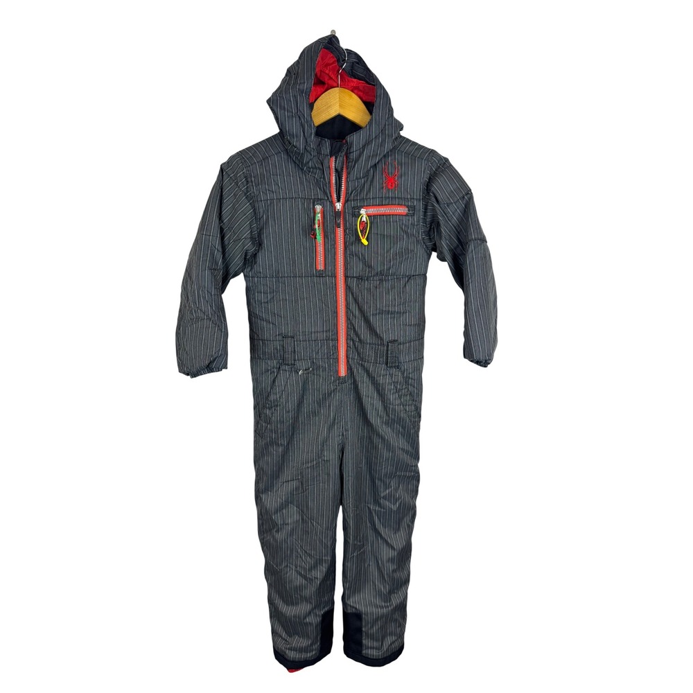 Spyder Kids Gray Pinstripe One Piece Snow Suit Ski Bib Hooded Size 7